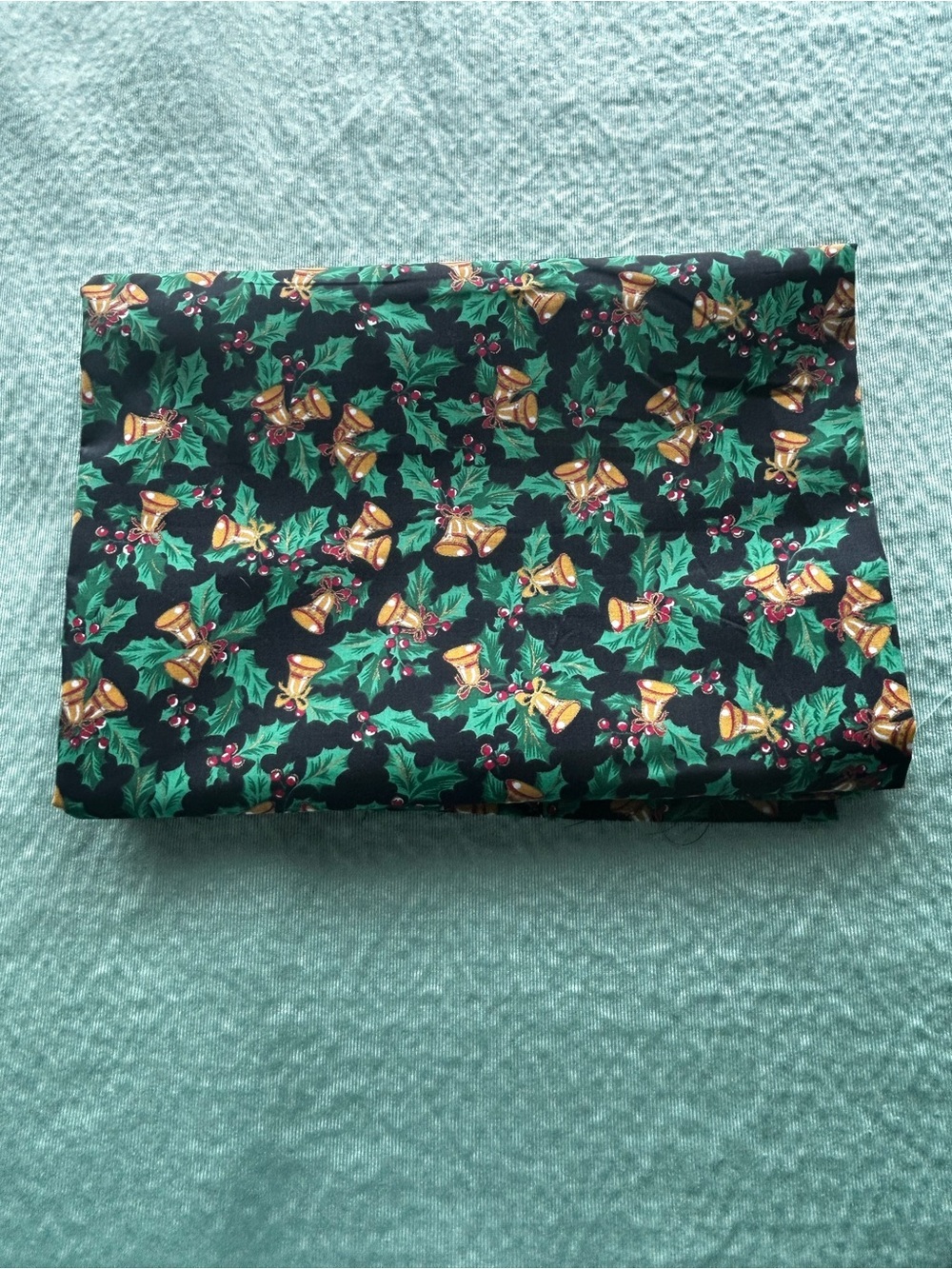 Festive Holly & Bells Cotton Fabric - Green Black Gold - new- 44 by 67”